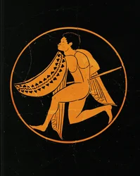 Schwarzer Krieger. Mittleres Medaillon eines rotfigurigen Bechers, aus Poggio Sommavilla, Etrurien. 510-500 v. Chr.