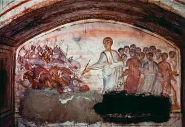 Paleochristliche Kunst (Epoche des antiken Rom): Durchquerung des Roten Meeres. Fresko aus der Katakombe der Via Latina in Rom. 4. Jahrhundert