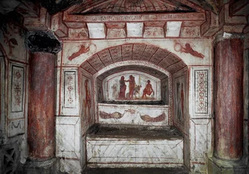 Frühchristliche Kunst: „Herkules (Alkides) bringt Alkestis aus der Unterwelt zurück zu ihrem Ehemann Admetos“. Fresko aus dem 4. Jahrhundert n. Chr. Rom, Katakomben der Via Latina
