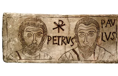 Sarkophag mit Darstellung der Apostel Petrus und Paulus, frühchristliche Zivilisation