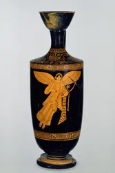 Attische rotfigurige Lekythos, dekoriert mit einer geflügelten Figur der Nike, gefunden in Gela, ca. 490-80 v. Chr. (Keramik)