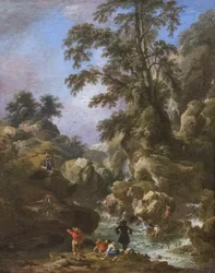 Landschaft mit Wasserfall und Figuren