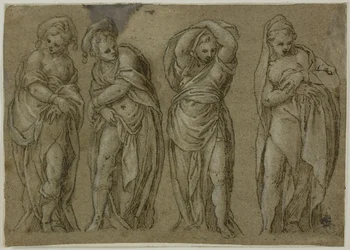 Vier stehende, drapierte weibliche Figuren