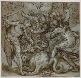 Herkules, Merkur und Minerva töten die Hydra