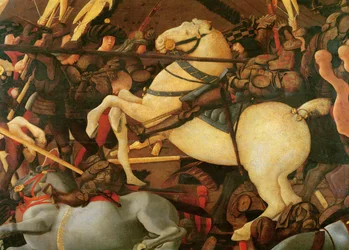 Die Schlacht von San Romano, Detail: Bernardino della Ciarda wird von seinem Pferd abgeworfen, ca. 1456