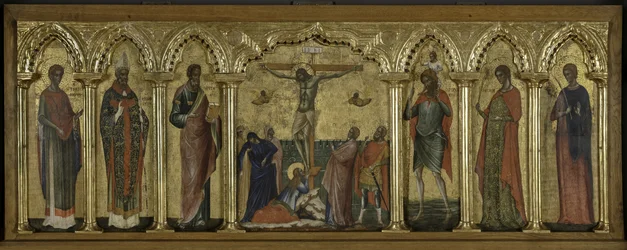 St. Stratonicus, St. Hermolaus, St. Matthäus, St. Christophorus, St. Thekla und St. Abundius, Polyptychon der Kreuzigung mit Heiligen