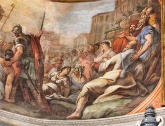 Fresken von Paolo de Matteis aus dem Jahr 1714 an der Decke und der Trommel, die das Leben des Heiligen darstellen, Kapelle von San Cataldo in der Kathedrale, Taranto, Italien