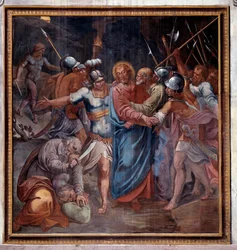 Das Leben Christi: „Der Judaskuss und die Gefangennahme Christi“ (Passion Christi, der Judaskuss und die Gefangennahme Jesu), Fresko (1536-1601), 1594-1600, Rom, Kirche Santa Prassede (Santa Prassede), Italien