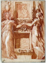 Zwei Kanephoren, die ihre Hand geben, auf beiden Seiten von Kisten Zeichnung in Tinte, Waschung, Blut und weißen Klappen von Girolamo Francesco Maria Mazzola, genannt Parmigianino oder Le Parmesan