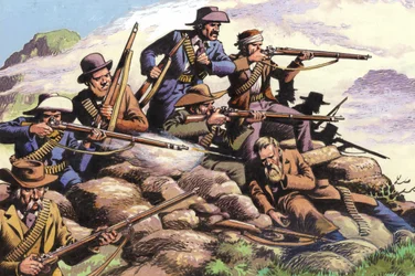 1880, Buren des Transvaal kämpfen am Majuba Hill während des Ersten Burenkriegs