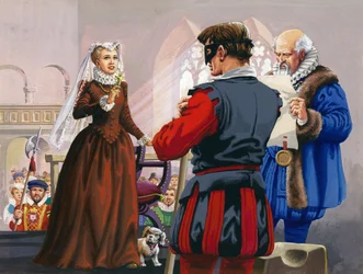 Maria Stuart kurz vor ihrer Enthauptung auf Schloss Fotheringay (Gouache auf Papier)
