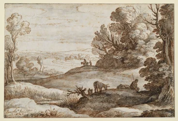 Hügellandschaft mit Bäumen und Ausblick, vorn zwei Männer und ein Esel