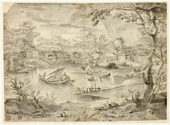 Stadtansicht mit Fischerboot im Vordergrund