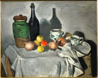 Stillleben: Töpfe, Flasche, Tasse und Obst