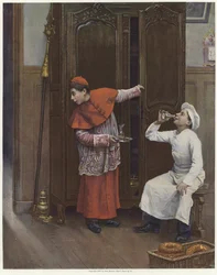 Zwei junge Jungen in Kostümen, Farblithografie