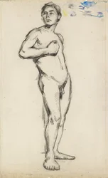 Akademische Studie eines männlichen Aktes mit seiner rechten Hand über der Brust, 1865