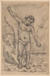 Badender mit ausgestreckten Armen (recto); Studie eines Baumes (verso)