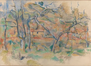 Bäume und Häuser, Provence, um 1885