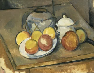Vase, Zuckerdose und Äpfel