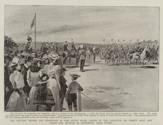 Die Militärparade und Inspektion der Streitkräfte von New South Wales durch den Gouverneur Sir Robert Duff und Generalmajor Hutton im Centennial Park, Sydney