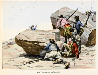 Chouannerie: Les Chouans en ambuscade, späte 18. Jahrhundert - Illustration von Emile Boutigny in „Hoche-Marceau-Desaix“ von Theodore Cahu