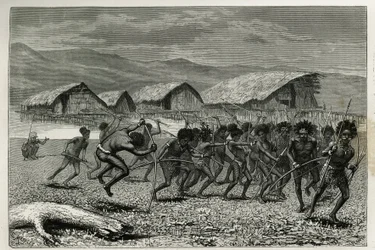 Abstieg der Papus Arfaks Krieger in Dorey (Neuguinea), Gravur von E. Mesples, zur Illustration der Reise nach Neuguinea von Achille Raffray, beauftragt mit einer wissenschaftlichen Mission durch das Ministerium für öffentliche Bildung, 1876-1877, veröffent