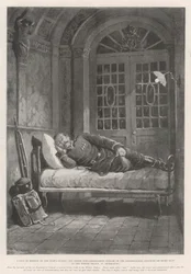 Ein Ehrenposten bei der Garde des Zaren, der ranghöchste Unteroffizier des Preobrajenski-Regiments im Nachtdienst im Winterpalast, St. Petersburg