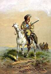 Titelblatt des Buches „The Scout Buffalo Bill“ von Han. W.F. Cody, Illustration von P. Frenzeny, zwischen 1860 und 1890