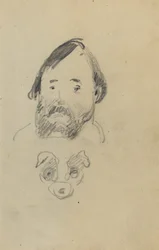 Kopf eines bärtigen Mannes mit einem Hundekopf