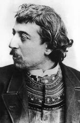 Paul Gauguin (1848-1903), französischer Maler, hier im März 1891 in Kopenhagen mit einer bretonischen Strickjacke, Carrière gewidmetes Selbstporträt