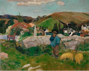 Bauern, Schweine und ein Dorf unter klarem Himmel