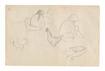 Skizzen von sitzenden Figuren und Hühnern (recto), weiblicher Akt-Torso (verso), aus dem Carnet de Tahiti (Tahitianisches Skizzenbuch)