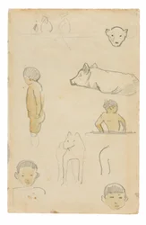 Skizzen von stehenden Figuren und Tieren