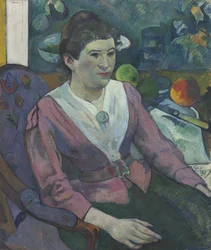 Frau vor einem Stillleben von Cézanne