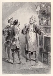 Gulliver betritt einen von abstoßendem Geruch erfüllten Raum in der Großen Akademie von Lagado, aus der französischen Ausgabe von Jonathan Swifts „Gullivers Reisen“