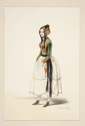 POLIN. Haube, Jacke und Stiefeletten aus Samt, mit Goldbesatz. ...