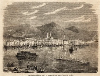 Ansicht von Montreal, Zeichnung von Paul Huet (1803-1869), zur Illustration der Reisen nach Nordamerika in den Jahren 1854-1855, von L. Deville. Gravur in „Le tour du monde“ 1861. Sammlung Selva.
