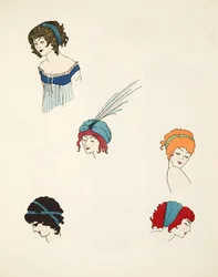 Entwürfe für Kopfbedeckungen, aus Les Robes de Paul Poiret, veröffentlicht 1908