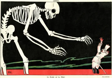 Der Kaiser und der Tod. Erster Weltkrieg 1914-1918: Wilhelm II. (1859-1941) in einem Meer aus Blut, bedroht von einem Skelett. Karikatur, die die mechanische und spöttische deutsche Dummheit hervorhebt und so die Moral der Franzosen während des Krieges unt