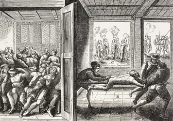 16. Jahrhundert Propaganda, die die Gewalt der französischen Hugenotten gegen die Katholiken im Süden Frankreichs darstellt