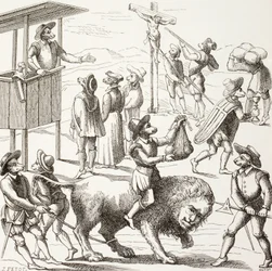 Allegorisches Bild der Exzesse, die den Hugenotten zugeschrieben werden. Der zahme Löwe repräsentiert ein von den Ketzern und ihren Praktiken geschwächtes Frankreich.