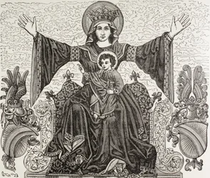 Altes Banner der Stadt Straßburg, Frankreich. Es zeigt das Bild unserer Lieben Frau, der die Stadt im 13. Jahrhundert geweiht wurde. Das Banner wurde 1870 während eines Bombardements zerstört