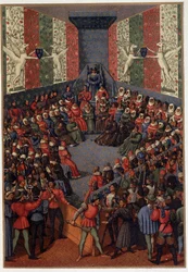 Karl VII. präsidiert über das Urteil von Johann, Herzog von Alençon (verbündet mit den Engländern) in Vendôme 1458 - nach der Miniatur von Fouquet, in „Militärisches und religiöses Leben im Mittelalter und in der Renaissance“ von Paul Lacroix, Paris