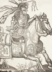 Gottfried von Bouillon, ca. 1060-1100, mittelalterlicher fränkischer Ritter. Ein Anführer des Ersten Kreuzzugs. Hier mit den Leidenswerkzeugen Christi gekrönt dargestellt. Nach einem Holzschnitt aus dem 15. Jahrhundert.