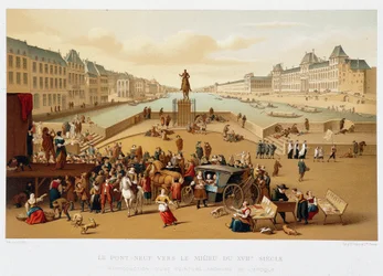 Le Pont Neuf Mitte des 17. Jahrhunderts, „17. Jahrhundert - Institutionen: Gebräuche und Kostüme, Frankreich 1590-1700“ von Paul Lacroix