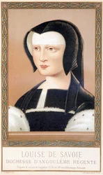 Porträt von Louise de Savoie (1476-1531), Herzogin von Angouleme und Regentin von Frankreich. Chromolithographie aus „Louis XII und Anne de Bretagne“ von Paul Lacroix, ed. Georges Hurtrel