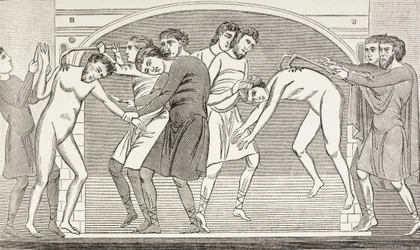 Die Heiligen Savin und Cyprian, deren Fleisch mit Eisenhaken von ihren Körpern gerissen wird. Nach einem Fresko aus dem 11. Jahrhundert in der Kirche von St. Savin, Vienne, Frankreich.
