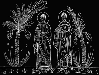 St. Cäcilia und ihr Ehemann Valerian. Nach einem Mosaik aus dem 3. oder 4. Jahrhundert, erhalten in der Kirche St. Cäcilia, Rom.