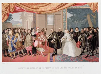Dreißigjähriger Krieg: „Interview des Königs von Frankreich Ludwig XIV. und Philipp IV. von Spanien auf der Insel der Paisans am 7.11.1659“