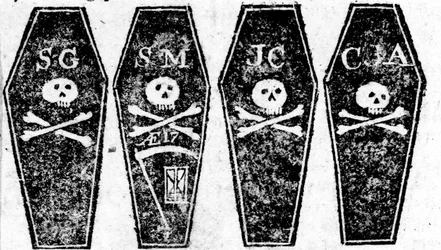 Zeichnung der vier Särge vom Massaker in Boston, gedruckt in der Boston Gazette, 12. März 1770